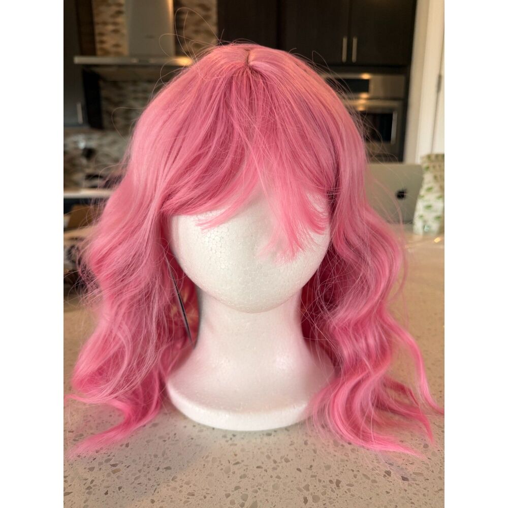 NWT Pink Wavy Bob Wig with Bangs 16-18in Heat Resistant Synthetic Cosplay